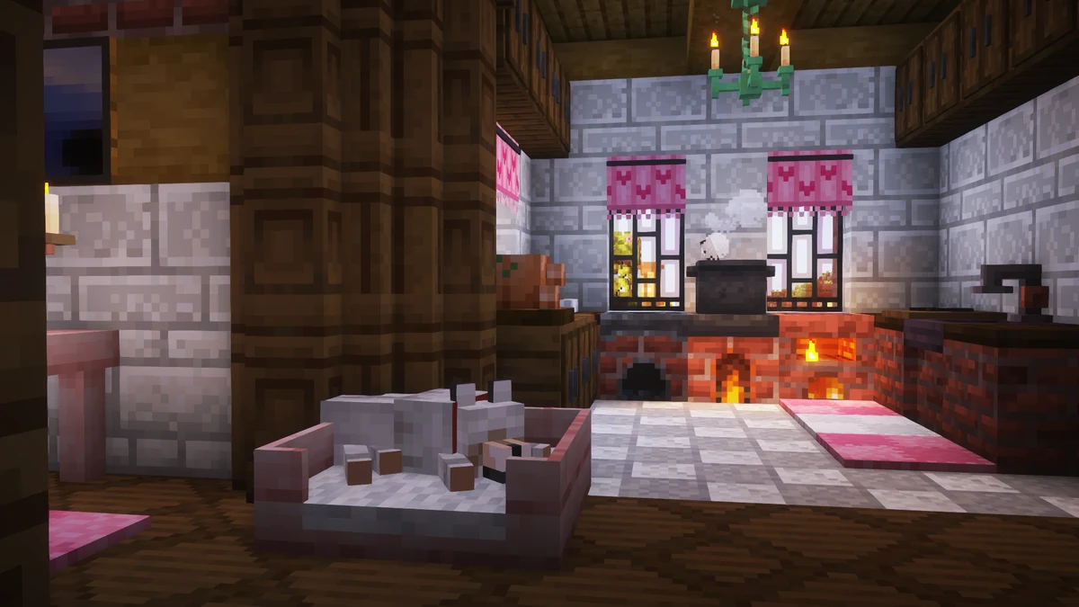 A furnished Cottage World kitchen with a stove, counters and pink curtains